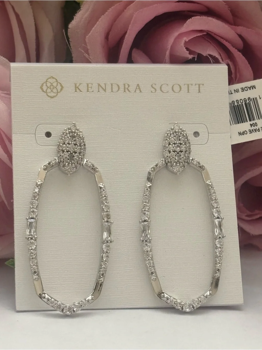 NWT Kendra Scott set of Essie Open Frame Earrings + necklace in silver White CZ